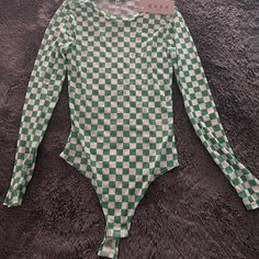 Rarely Found Sheer Bodysuit And Green Retro Checkerboard Pattern. Green Fitted Casual Onesie, Green Long Sleeve Casual Bodysuit, Fitted Long Sleeve Onesie For Summer, Fitted Long Sleeve Summer Onesie, Casual Green Long Sleeve Bodysuit, Trendy White One-piece Bodysuit, Green Long Sleeve Bodysuit For Summer, Trendy White Long Sleeve Bodysuit, Sheer Bodysuit