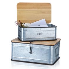 two metal suitcases are stacked on top of each other, one has flowers in it