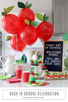 back to school treats set up on a counter with rd balloons that look like apples Back To School Celebration, Back To School Breakfast, School Breakfast, Show Da Luna, School Celebration, 1st Day Of School, School Party, School Pictures