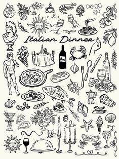 an image of italian food and drinks in black ink on white paper, with the words italian dinner written below it