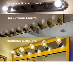 three different types of lights on a mirror above a medicine cabinet and below a bathroom mirror