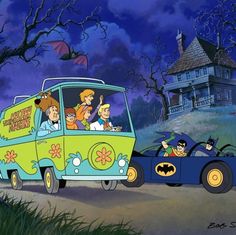 the batman family rides in an old school bus