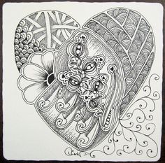 a black and white drawing of a heart with an intricate design in the middle, surrounded by waves