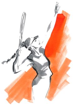 a drawing of a woman holding a tennis racquet in her right hand with an orange and white background