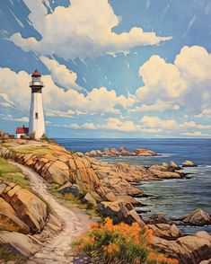 a painting of a lighthouse on top of a rocky cliff next to the ocean under a cloudy blue sky