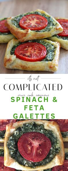 spinach and feta goat cheese tarts with tomato slices on top are the perfect appetizer for any special occasion