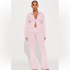 Pink Sweater Set Double Zip Top And Foldover Bottom Size Xs Nwt Casual High Waist Fitted Pant Set, Fitted Casual Pant Set For Loungewear, Fitted Casual Loungewear Pant Set, Casual Fitted Jumpsuits And Rompers With Long Pants, Casual Fitted Jumpsuits And Rompers, Trendy Fitted Pant Set For Loungewear, Casual Fitted Solid Pant Set, Casual Fitted Solid Color Pant Set, Fitted Pant Set For Fall Loungewear