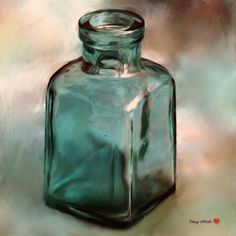 an oil painting of a green glass bottle