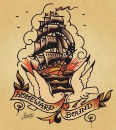 an old fashioned tattoo design with a ship on it