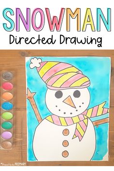 snowman directed drawing with colored crayons and watercolors