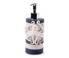 an octopus soap dispenser in blue and white with rope wrapped around it