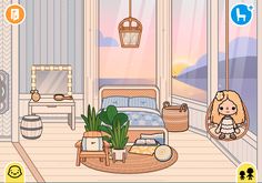 a cartoon bedroom with furniture and decor on the floor, in front of a window