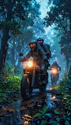 two people riding on the back of a motorcycle down a rain soaked forest trail at night