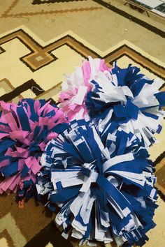 two blue and pink pom poms sitting on the floor