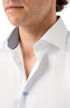 Cut in a slim fit, this sharp dress shirt is constructed from a high-performance, crease-resistant organic cotton and fitted with a classic spread collar. French placket Spread collar with collar stays Convertible French cuffs 100% organic cotton Machine wash, line dry Imported Luxury Fitted Shirt For Office, Fitted Luxury Cotton Shirt, Luxury Fitted Cotton Shirt, Classic Shirt With Seamless Collar For Workwear, Classic Workwear Shirt With Seamless Collar, Classic Collared Shirt, Wrinkle-resistant, Classic Collared Shirt Wrinkle-resistant, Semi-formal Shirt With Fold Down Collar And Placket, Smart Fitted Shirt With Spread Collar