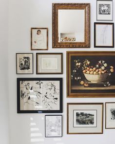 there are many framed pictures on the wall