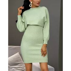 Green Knit Long Sleeve with Sweater Dress 2pcs Set Casual Fake Two-piece Winter Dress, Casual Fake Two-piece Dresses For Winter, Casual Fake Two-piece Dress For Fall, Casual Two-piece Stretch Dresses, Casual Stretch Two-piece Dress, Fitted Fake Two-piece Dress For Fall, Casual Fitted Fake Two-piece Dress, Women Sweater Dress, 2pcs Set Women