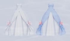 there are two dresses made out of cloths and flowers on the dress, one is blue and the other is white