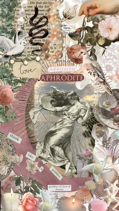 an altered collage with flowers, candles and other things on it's surface