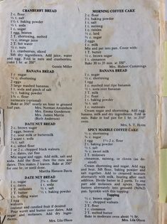 an old recipe book with instructions on how to make banana bread and other breakfast foods