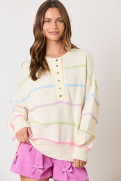 Wrap yourself in the vibrant colors of our Favorite Time Sweater! Featuring a charming multi-color stripe design and adorable buttons, this sweater will add a pop of personality to any outfit. Stay warm and stylish all day long! Closet Revamp, Fall Board, Mom Clothes, Yellow Clothes, Clothes Wishlist, Henley Sweater, Round Neck Sweater, Pastel Stripes, Sweat Shirts