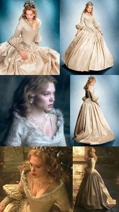 several pictures of the same woman in different gowns and hair, including one wearing a tiara