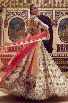 Gold attached cancan lehenga with dabka, pearl, bead, crystal, resham, french knots embroidery in floral pattern. Paired with padded blouse. Comes with peach dupatta, red fringe bordered dupatta and belt. - Aza Fashions French Knots Embroidery, Knots Embroidery, Peach Dupatta, Cancan Lehenga, French Knot Embroidery, Red Fringe, Padded Blouse, Bridal Lehengas, Sonakshi Sinha