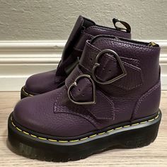 Brand New Without Box. Dr Martens Devon Heart Platform Boot In Ladies Size 5. Rare Color Purple Blackcurrant. Purple Mary Janes, Dr Martens Devon Heart, Dr Martens Devon, Purple Punk, Platform Docs, Raven Costume, Heart Platforms, Shoes Dr Martens, Purple Boots