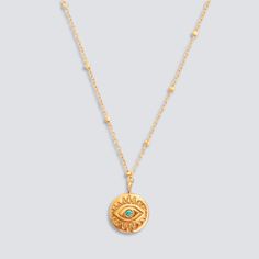 DESCRIPTION & DETAILS Undeniably Simple and timeless, this design combines stones to form this gorgeous and sparkly evil eye pendant. Exuding elegance, this necklace can be beautifully worn layered as well as solo. Plating: 14k Gold Materials: 14K Gold on Stainless Steel, Turquoise Measurements: 45+5cm, 2*.13cm Hypoallergenic The evil eye can be a deeply religious figure, with cultural attachment and a little bit of superstition in the middle. This symbol has achieved a very solid reputation whe Yellow Gold Evil Eye Round Pendant Necklace, Elegant 14k Gold-filled Evil Eye Jewelry, Gold Plated Evil Eye Amulet Jewelry, Turquoise Evil Eye Amulet Necklace, Gold-plated Evil Eye Amulet Necklace, Middle Man, Eye Pendant Necklace, Greek Evil Eye, Nicole Richie