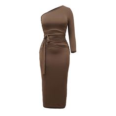 Coffee One Shoulder Slim Fit Bodycon Dress Brown Knee-length Bodycon Dress For Work, Fitted Brown One Shoulder Midi Dress, Spring Knee-length Brown Bodycon Dress, Brown Knee-length Bodycon Winter Dress, Fitted V-neck Brown Bodycon Dress, Stretch Brown V-neck Bodycon Dress, Fitted Bodycon Dress, One Shoulder, Bodycon Dress