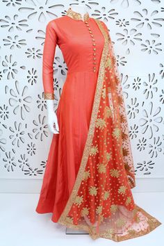 PalkhiFashion Exclusive Peach Soft Silk Outfit with Elegant Handwork on Neck & Sleeve.This amazing Outfit Comes with Attractive Elegant Worked Duppata Designer Anarkali Dresses, Pakistani Clothes, Indian Party, Goddess Decor, Kurti Design, Flowers Gif, Royal Dresses, Kurti Designs Party Wear, Silk Outfit