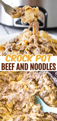 the crock pot beef and noodles is being spooned into the casserole