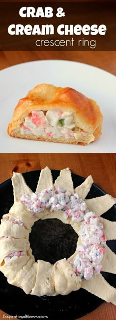 crab and cream cheese crescent ring on a black plate with the words crab and cream filling