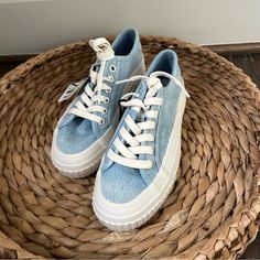 Denim Sneakers With Rubber Sole. These Look So Fab With Jeans ! So Cute With Leggings Or A T-Shirt Dress. I Love The Style Of These Cozy Comfy Shoes. Denim Sneakers Fashion Sneakers Low Rubber Sole Trendy Denim Blue Lace-up Sneakers, Denim Blue Cotton Lace-up Sneakers, Casual Denim Sneakers With Vulcanized Sole, Casual Denim Canvas Shoes With Round Toe, Denim Blue Low-top Canvas Sneakers, Denim Lace-up Sneakers With Vulcanized Sole, Trendy Denim Blue Sneakers For Streetwear, Denim Sneakers For Summer Streetwear, Denim Blue Cotton Sneakers For Streetwear