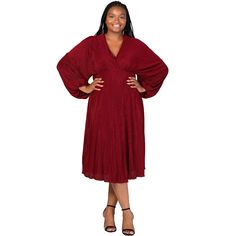 Perfect your look with our Plus Size Luxury Pleated V Neck Empire Waist Bishop Sleeve Midi Dress, a perfect blend of elegance and comfort. This stunning dress features a deep V neckline and a flattering empire waist that enhances your silhouette, while the luxurious bishop sleeves add a touch of sophistication. Made from a comfortable pleated accordion fabric, it offers a beautiful shimmery finish that makes you stand out at any event. An inner layer ensures full coverage, providing both confide V Neck Midi Dress, Bishop Sleeve, Sleeve Midi Dress, Midi Dress With Sleeves, Trending Dresses, Plus Size Dress, Stunning Dresses, Fit And Flare Dress, Fit Flare Dress