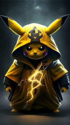 a cartoon character dressed as a pikachu holding a lightning bolt