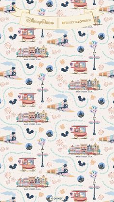 disney world wallpaper with train cars and buildings on it's white back ground