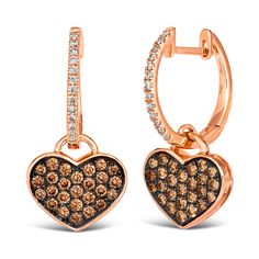 From Le Vian(R), these rich heart drop earrings are fashioned in 14k Strawberry Gold(tm). The earrings feature an orderly array of Chocolate Diamonds(R) and accenting  Nude Diamonds(tm) for a luxurious look. Diamonds are 5/8tw and SI2 in clarity. Earrings measure 23.6mm in length and 11.8mm in width.  Natural fancy brown diamonds are available in shades from champagne to cognac to Chocolate Diamonds(R), Le Vian(R)'s original brand of natural fancy color brown diamonds. Chocolate Diamonds(R) are R Heart, Gold Heart Earrings, Brown Diamonds, Gold Heart Earring, Wedding Day Jewelry, Chocolate Diamonds, Le Vian, Heart Drop Earrings, Brown Diamond