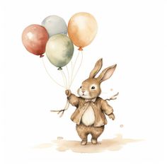 a watercolor painting of a rabbit holding balloons in its paws and wearing a suit