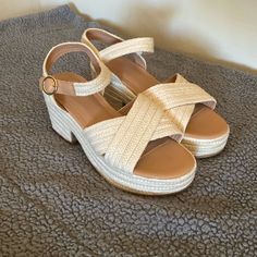 Brand New, Never Worn Except To Take These Photos. Size 7.5. I Wear A Size 8 And These Fit Me So I Think They Would Be Fine If You Are A Size 8. Super Cute For End Of Summer! Cream Slip-on Wedge Sandals For Beach, Cream Slip-on Espadrilles With Woven Sole, Beige Slip-on Espadrilles With Textured Sole, Beige Woven Slip-on Espadrilles, Beige Slip-on Wedge Sandals With Woven Sole, Navy Shoes, End Of Summer, Sandal Espadrille, Wedge Sandals