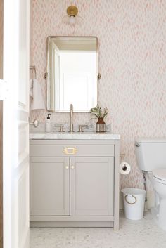 a white toilet sitting next to a bathroom sink under a mirror on top of a wall