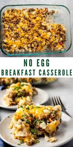 no egg breakfast casserole on a plate and in a glass dish with a fork