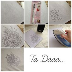 the process of drawing flowers is shown in several different pictures, including an ironing board and