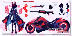 the concept art for batwoman's motorcycle is shown in red and black colors