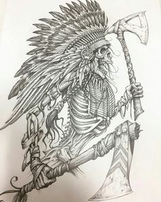 Indian Bull Skull Tattoo, Native American Skeleton Tattoo, Warrior Theme Tattoo, Indian Skeleton Tattoo, Western Skull Drawing, Native American Shoulder Tattoo, Cowboy Vs Indian Tattoo, Indian Skull Drawing, Indian Skull Tattoos Warriors