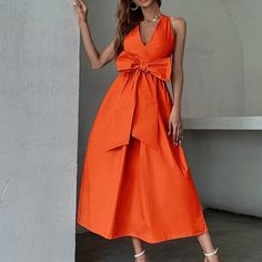 Shein Poplin Dress Deep Orange Belt Is Separated Size M Bnwt Streetwear Dress, Dresses V Neck, Pocket Maxi Dress, Summer Bodycon Dress, Neck Bow, Shein Dress, Summer Boho, Mini Robes, Big Bow