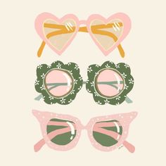 three pairs of sunglasses with hearts and wreaths on the lenses, one is pink