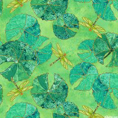 a green background with leaves and dragonflies on the leaves, all in different colors