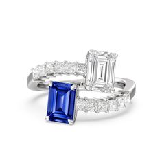 An alternative sparkler for the woman who wants something extremely romantic yet a bit out of the ordinary. This two-stone "toi et moi" engagement ring symbolizes the meeting of two individuals. The band does not form a closed circle and instead splits and coils. Each end is punctuated by an emerald-cut diamond and Created sapphire, accentuated by a short row of princess-cut diamonds. Gorgeous Engagement Ring, Now And Forever, Emerald Cut Diamonds, Princess Cut Diamonds, Sapphire Gemstone, Coils, Lab Diamonds, Diamond Earrings Studs, Princess Cut