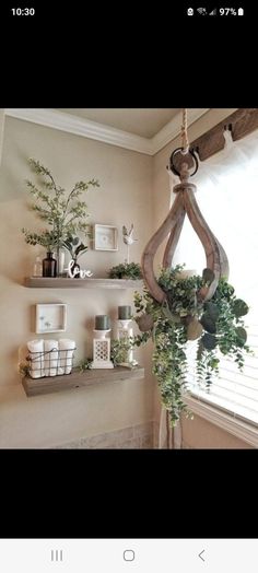 some shelves with plants and pictures on them in a room next to a window or door